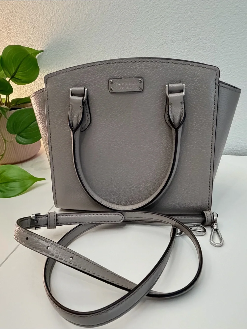 kate spade Gray Pebbled Leather Satchel with Removable Strap